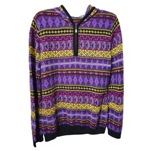 MFH Knits Alpaca Blend Half Zip Geometric Hoodie Sweater Purple Yellow Large